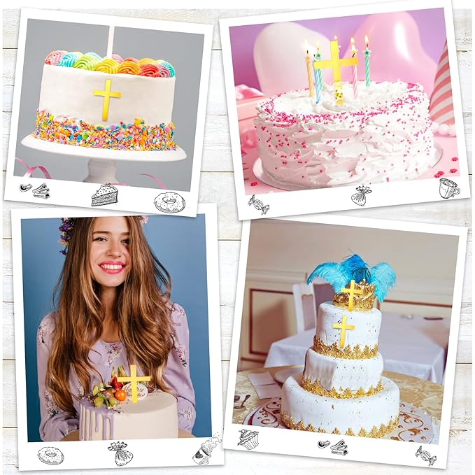 Blulu 16 Pieces Baptism Cake Toppers Crossing Cupcake Toppers Gold Mirror - Image 6