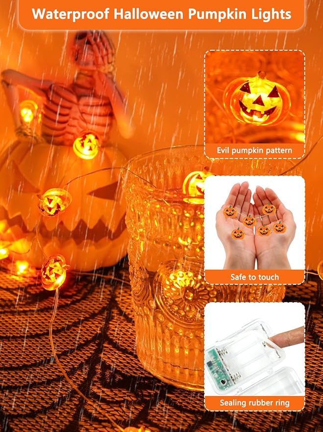 Halloween Fairy Lights Battery Operated 15Ft 40LED Orange Pumpkin String Lights - Image 4