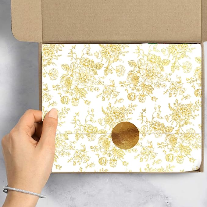 JarThenaAMCS 100 Sheets Floral Tissue Paper Gold Flower Gift Wrapping Paper - Image 6