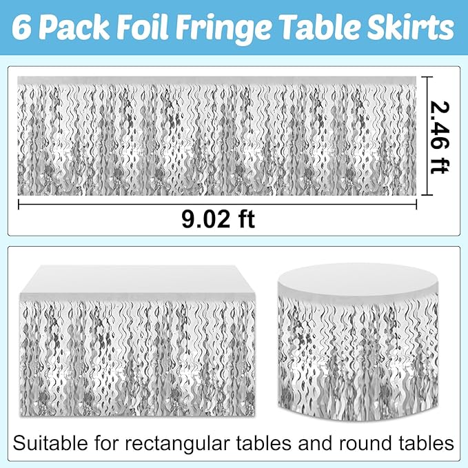 6 Pack 29x108 Inch Silver Wave Foil Fringe Table Skirts Metallic Banner - Image 2