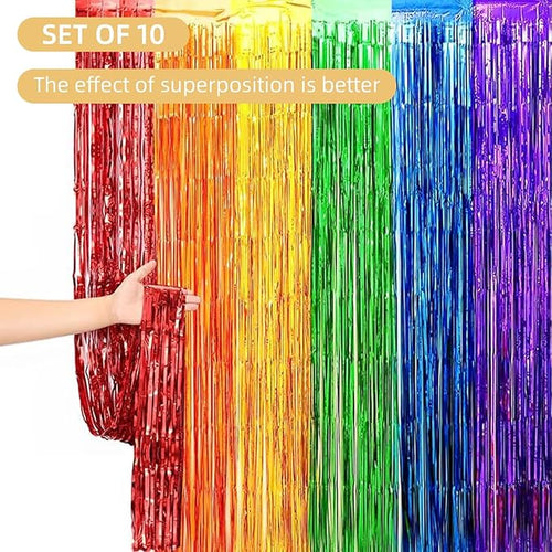 10 Pack Rainbow Backdrop Curtain 3.2ft x 8.2ft Metallic Tinsel Foil Fringe - Image 2