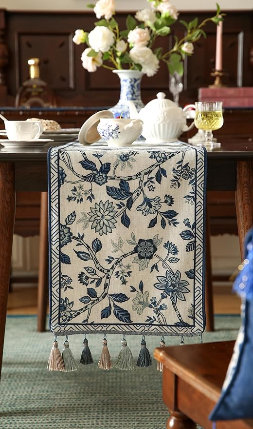 Decorative Small Linen Table Runner 63 Inches Long, Chinoiserie Blue Floral - Image 7