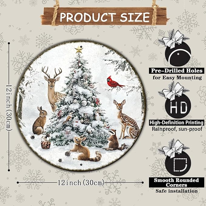 Round Christmas Snow Animals Metal Tin Sign - Image 2