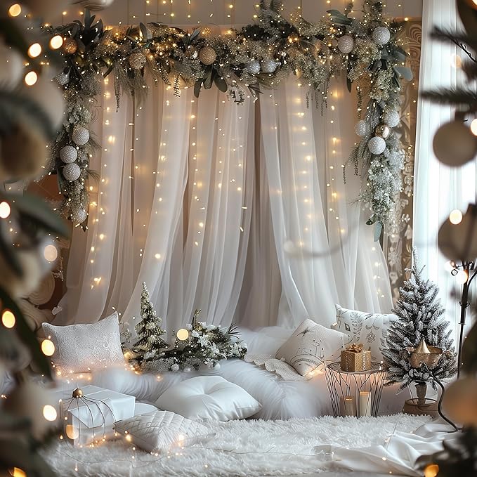 Fomcet Tulle Curtains with Lights String White 30FT X 10FT Sheer Backdrop - Image 7