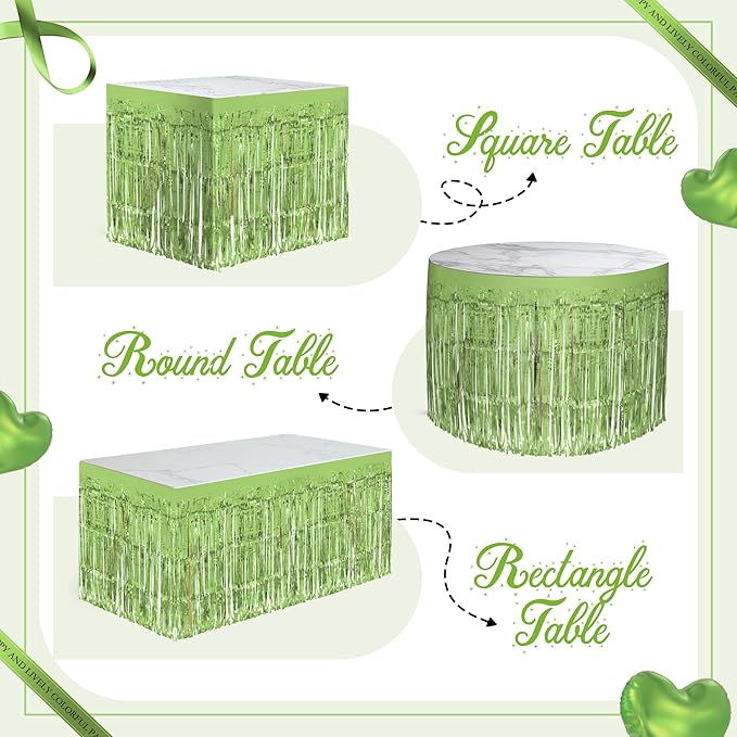 4 Pack Light Green Table Skirts, 29x108" Metallic Foil Tinsel Fringe Table - Image 4