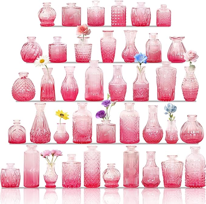 Set of 40 Glass Bud Vases, Small Pink Glass Vases in Bulk, Mini Vintage by Fivenl