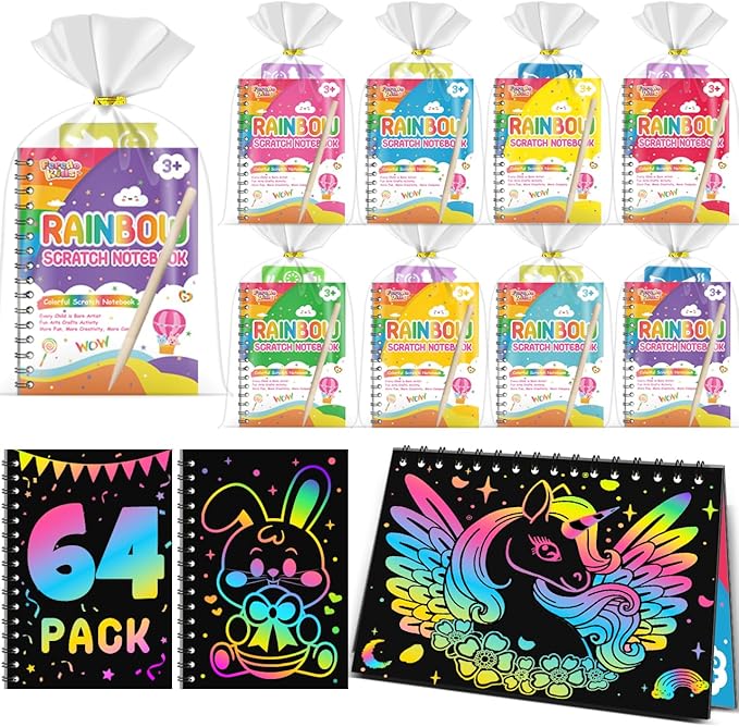 Scratch Art Party Favors for Kids: 64 Pack Rainbow Scratch Art Notebook by FEREDOKIDS