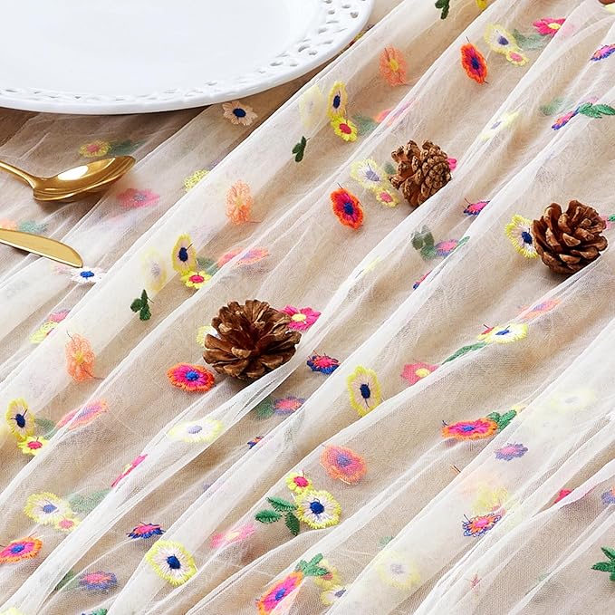 JIALE Champagne Floral Table Runner, Embroidery Daisy Seasonal Table Decorations - Image 2