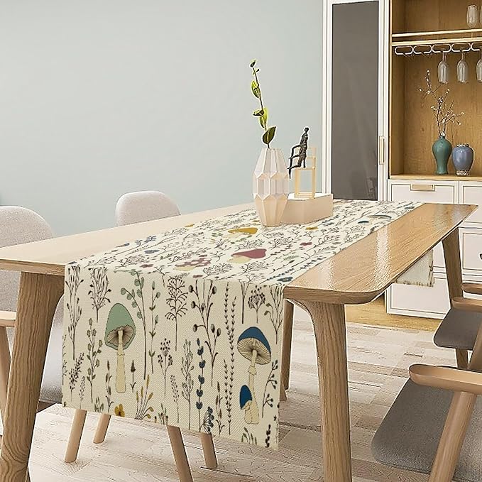 Mushroom Table Runner, Colorful Wild Plants and Fungus Botanical Plants Pattern - Image 6