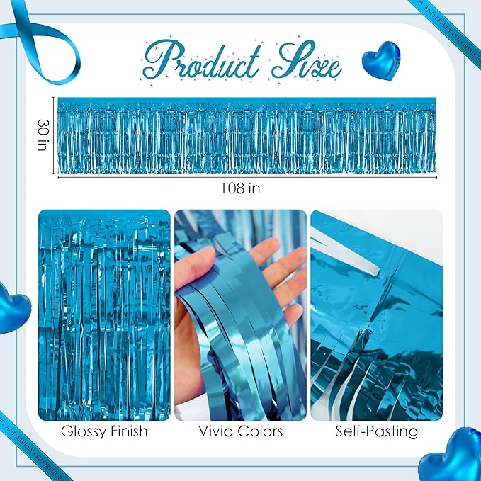 4 Pack Lake Blue Table Skirts, 29x108" Metallic Foil Tinsel Fringe Table Skirts - Image 3