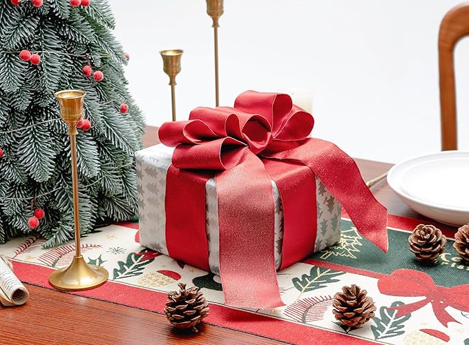 Christmas Ribbon Wired Red Satin Ribbons 2-1/2 Inch Double-Faced Gold Glitter - Image 4