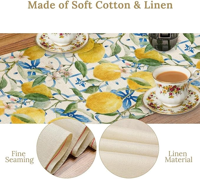 Lemon Table Runner, Watercolor Fruit Green Leaves Spring Summer Table Cloth - Image 5
