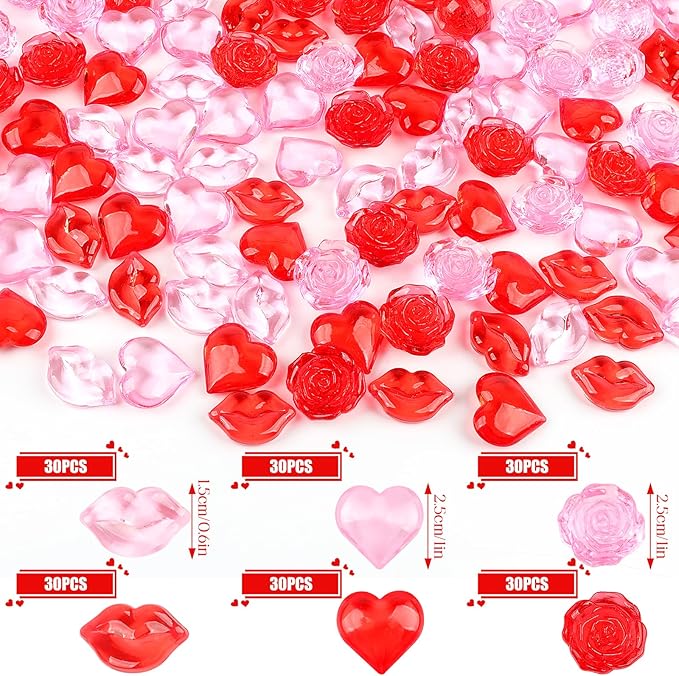 Fangoo 180PCS Red Pink Acrylic Heart Ornaments Mini Acrylic Heart Rose Flower - Image 2