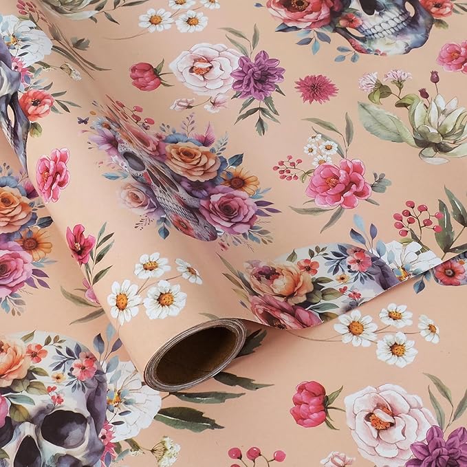 Aimyoo Gothic Wrapping Paper Roll, 17 Inch X 16.5 Fee Skull Floral Berry Design by Aimyoo