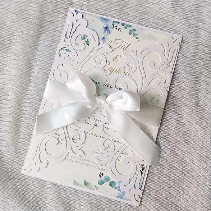 25PCS Pearl White Laser Cut Wedding Invitations Cards - Image 2