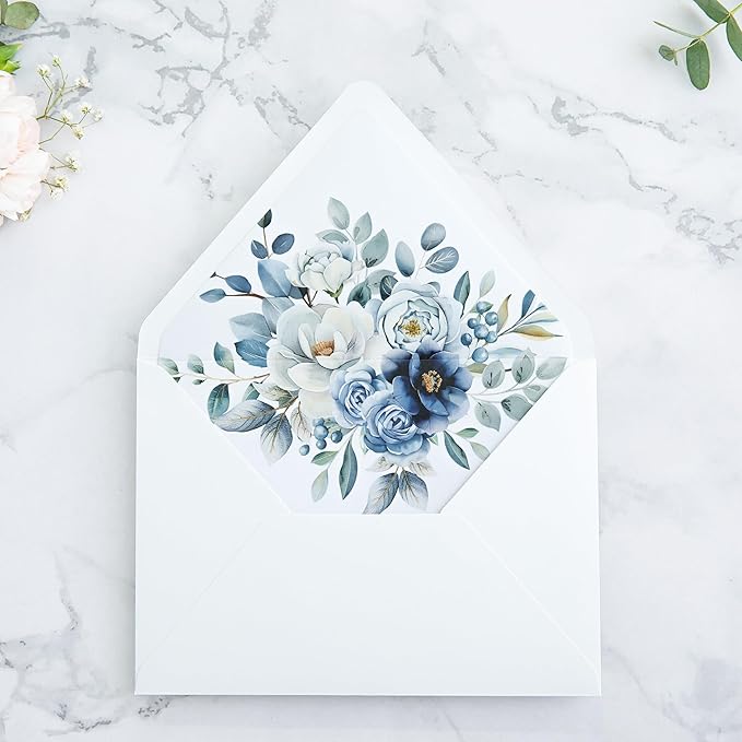 PONATIA 50PCS A7 Euro Flap White Envelope, 5.25 x 7.25'' Dusty Blue Flowers - Image 3