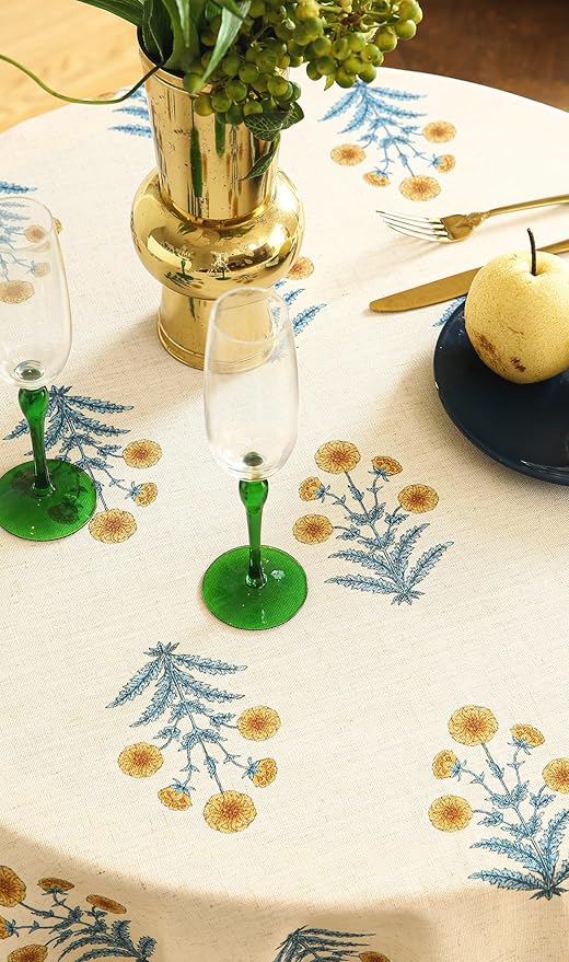 ISAENNE Designer French Pale Yellow Round Tablecloth, Linen Floral Table Cloth - Image 8
