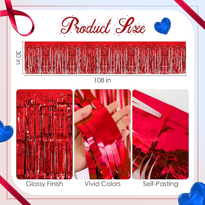 2 Pack Red Dark Blue Table Skirts, 29x108" Metallic Foil Tinsel Fringe Table - Image 3