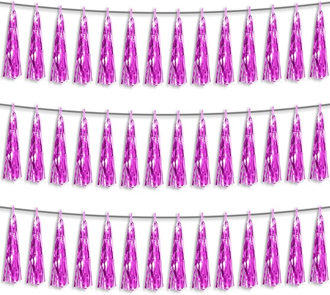 3P Fuchsia Foil Fringe Metallic Tassel Streamers Banner Tassel Garland by HYSILLA