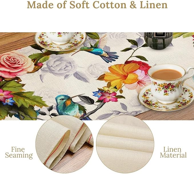 Hummingbird Table Runner, Vintage Floral Country Style Table Cloth Home Kitchen - Image 5