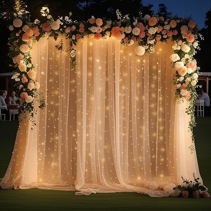 10 * 8FT Beige Pearl Tulle Double Layered Backdrop Curtain - Image 7