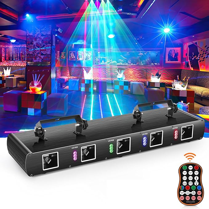 DJ Laser Lights, 5 Beam Effect Sound Activated Strobe Laser Light Show by TCQQ