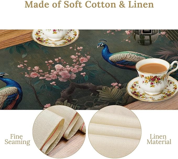 Peacock Table Runner, Vintage Aesthetic Peacock Birds Table Runner - Image 5