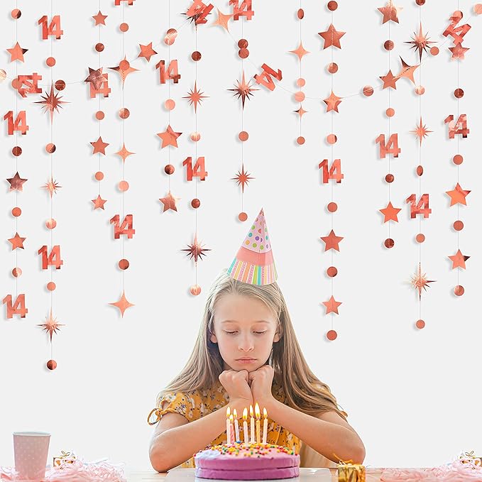 52Ft Rose Gold 14th Birthday Decorations Number 14 Circle Dot Star Garland - Image 3