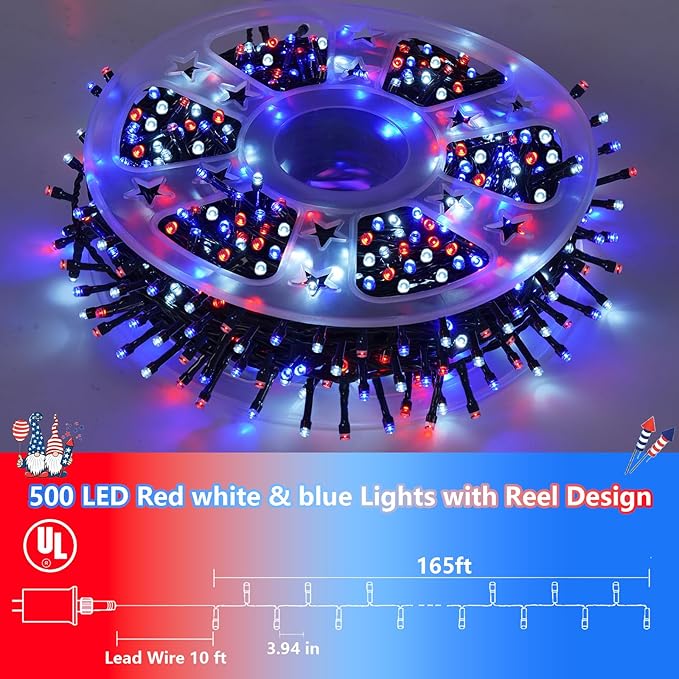 YEGUO 500LED 165ft 4th of July led Lights Outdoor Waterproof, Patriotic String - Image 2