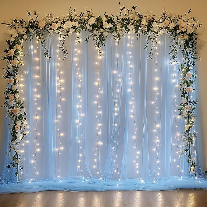 Tulle Backdrop Curtain with Lights String 10FT X 10FT Baby Blue Sheer Tulle by Xiomot