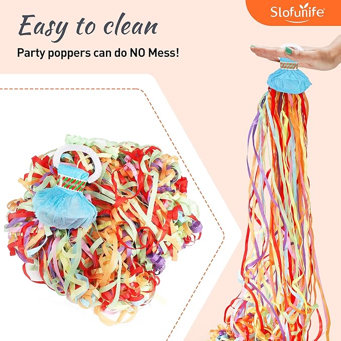 No Mess Streamers 100pack, Colorful Confetti Poppers, Hand Throw Party Poppers - Image 3