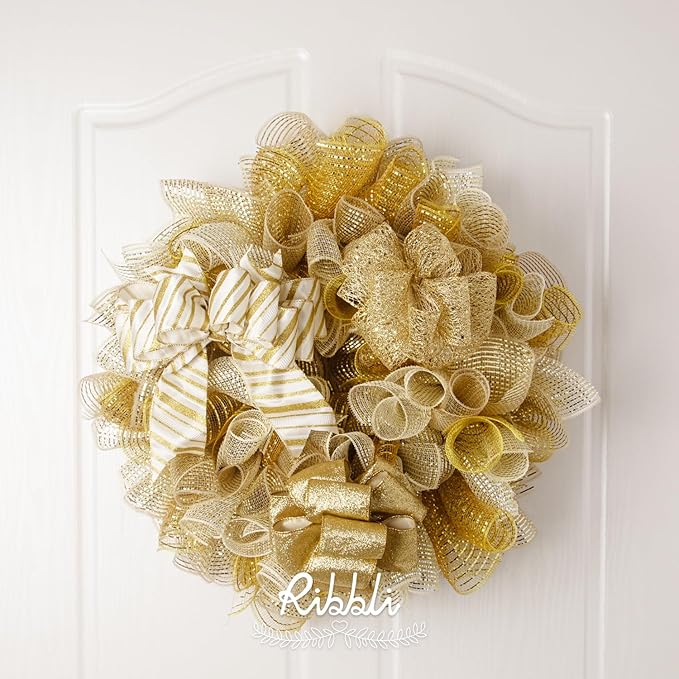 Ribbli 2 Rolls Gold Metallic Mesh Ribbon Gold Deluxe Foil Christmas Ribbon - Image 4