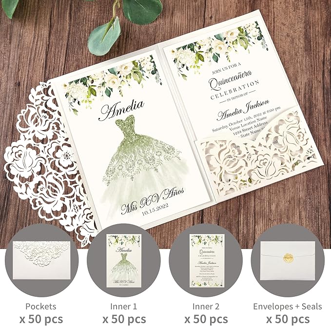 DORIS HOME 50pcs Laser Cut Quinceanera Invitations Green and Ivory White - Image 3