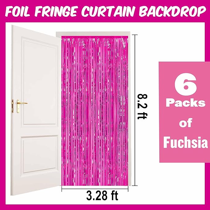 6 Pack Fuchsia Foil Fringe Curtains Backdrop, 3.28 x 8.2 Ft Metallic Streamers - Image 2