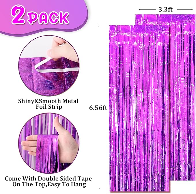 2 Pack Purple Tinsel Foil Fringe Curtains, Metallic Tinsel Party Streamers - Image 4