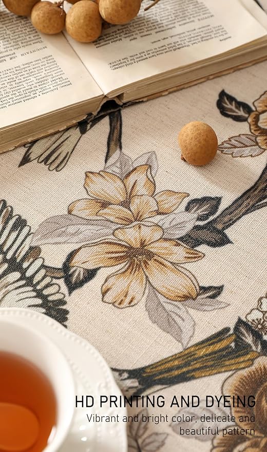 ISAENNE Designer Vintage Linen Small Round Table Cloth, Floral and Bird Pattern - Image 3