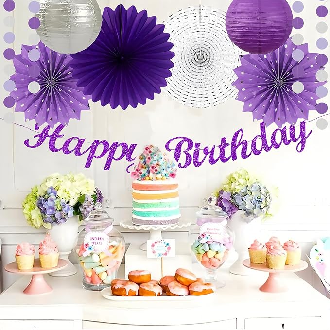 Purple and Silver Party Decorations-21PCS Happy Banner, Paper Lanterns Streamers - Image 4