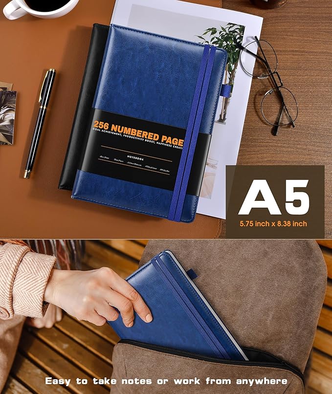 Lined Journal Notebook for Women Men, 256 Numbered Pages Hardcover Leather - Image 3