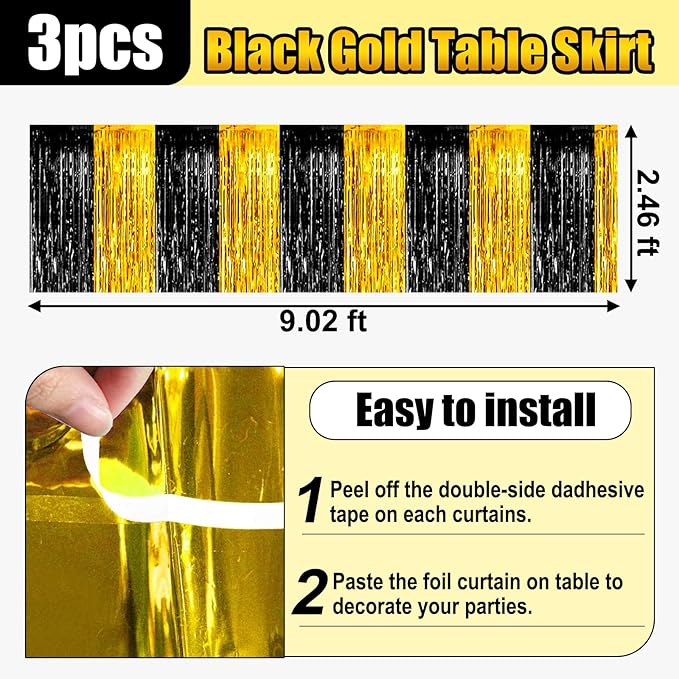 3 Pack 29x108 Inch Black Gold Foil Fringe Table Skirts Metallic Banner - Image 2