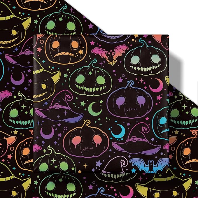 LeZakaa Halloween Pumpkin Wrapping Paper Roll, Neon Pumpkin Witch Hat Bat - Image 6