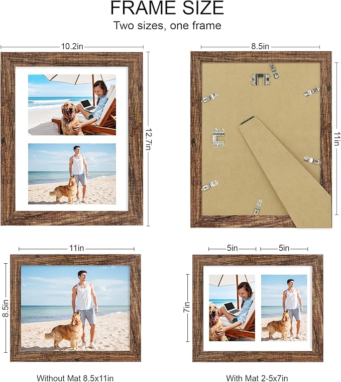 8.5x11 Picture Frame Set of 2, Rustic Brown Certificate Document Frames - Image 2