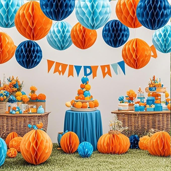 Orange Blue Paper Honeycomb Balls, 12 Pack Hanging Tissue Pom Poms - Image 4