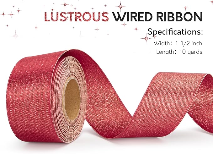 Christmas Ribbon Wired Red Satin Ribbons 1-1/2 Inch Double-Faced Gold Glitter - Image 3