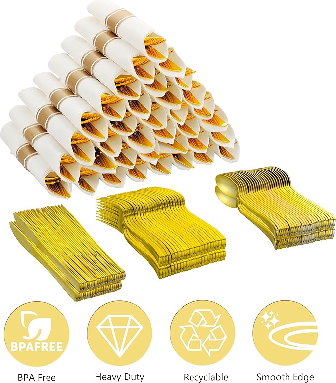 100 Pack Pre Rolled Gold Plastic Silverware Set - Image 2