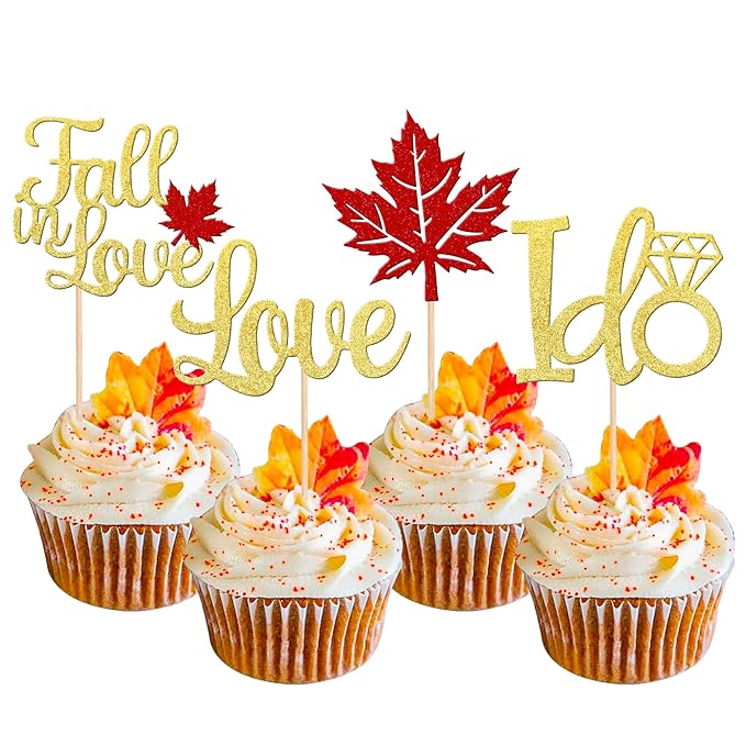 24 PCS Fall in Love Cupcake Toppers Glitter Maple Leaves Love I Do Cupcake by ZHUOWEISM