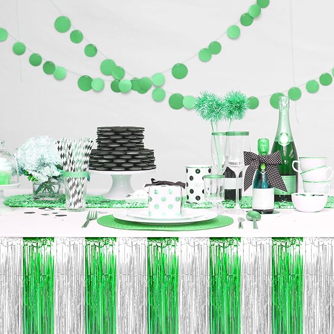 3 Pack 29x108 Inch Silver Green Foil Fringe Table Skirts Metallic Banner - Image 5