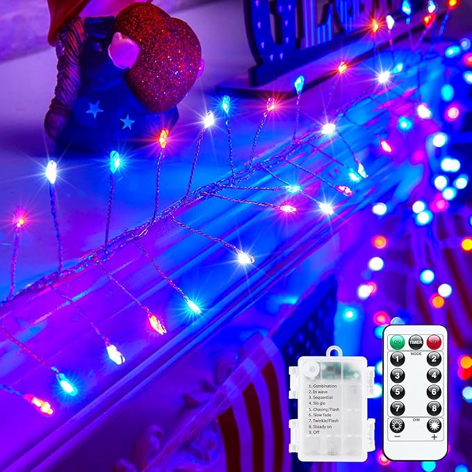 4th of July Decorations Red White and Blue Fairy Lights Battery Operated by Minetom