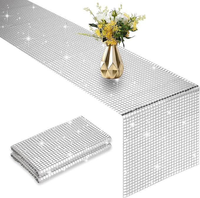 2 Packs 12x108 Inch Disco Table Runner Silver Glitter Foil by Vehipa