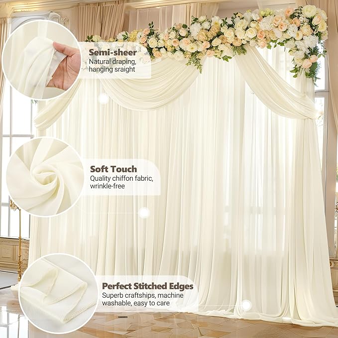 10ft x 10ft Ivory Backdrop Curtain Drapes, Wrinkle-Free Sheer Chiffon Fabric - Image 5