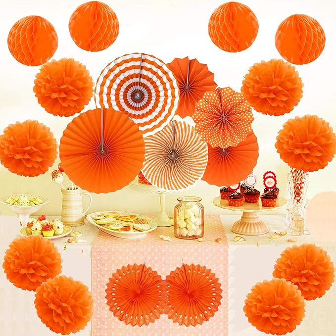 Hanging Paper Fan Set, Tissue Paper Pom Poms Flower Fan and Honeycomb Balls - Image 4